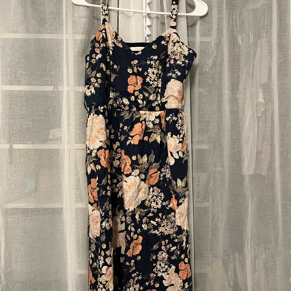 Linen Navy floral midi dress